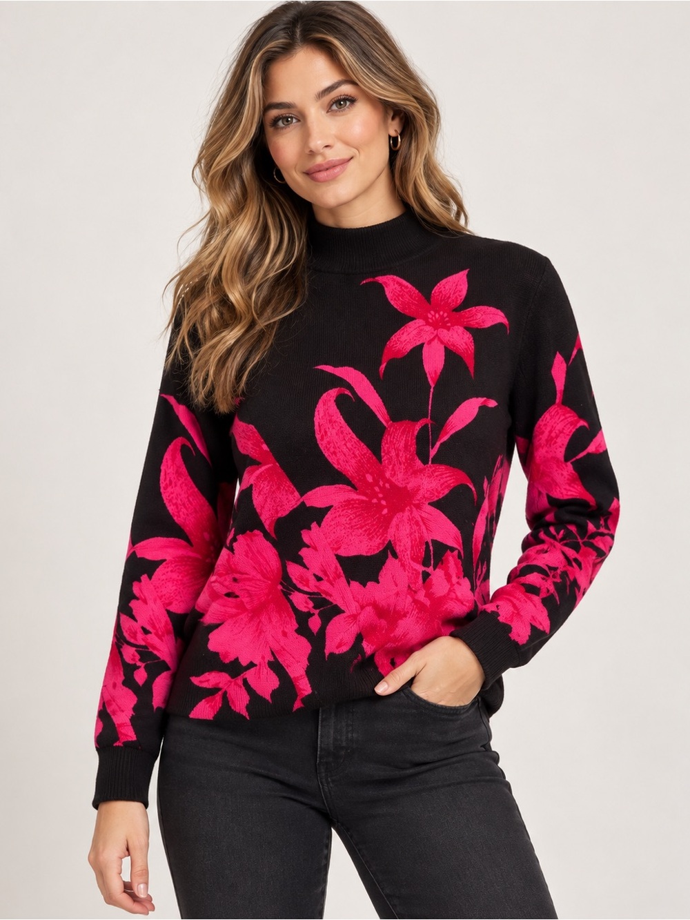 Black Sweater with Vibrant Hot Pink Floral Cowl-Neck vintage